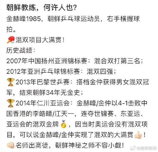 朝鲜乒乓混双教练金赫峰,用红双喜训练,夺冠后获住宅、平壤户口 家电资讯