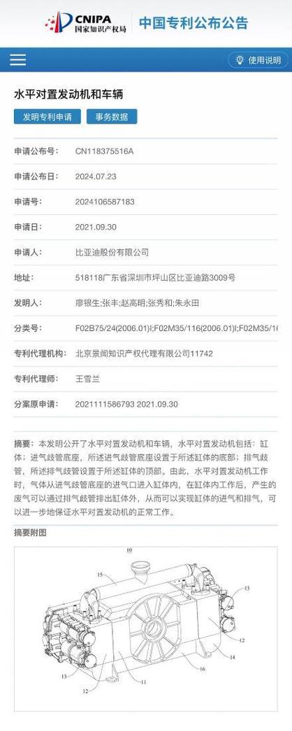 跟进保时捷、斯巴鲁比亚迪水平对置发动机专利公布