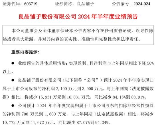 良品铺子2024年上半年预计净利2100万-3000万 政府补助同比下降较多「良品铺子今年业绩是多少」 生活资讯